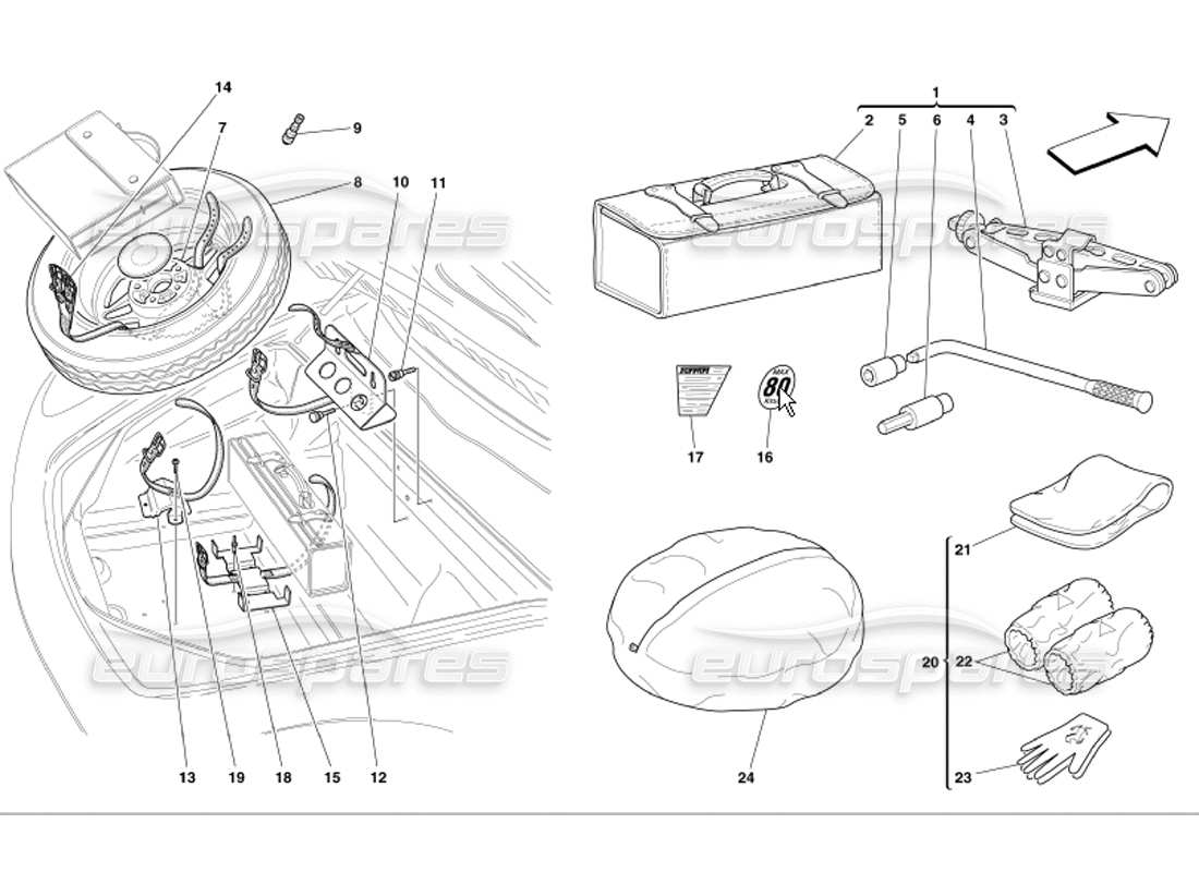 Ferrari 360 Modena Spare Wheel and Equipment Parts Diagram