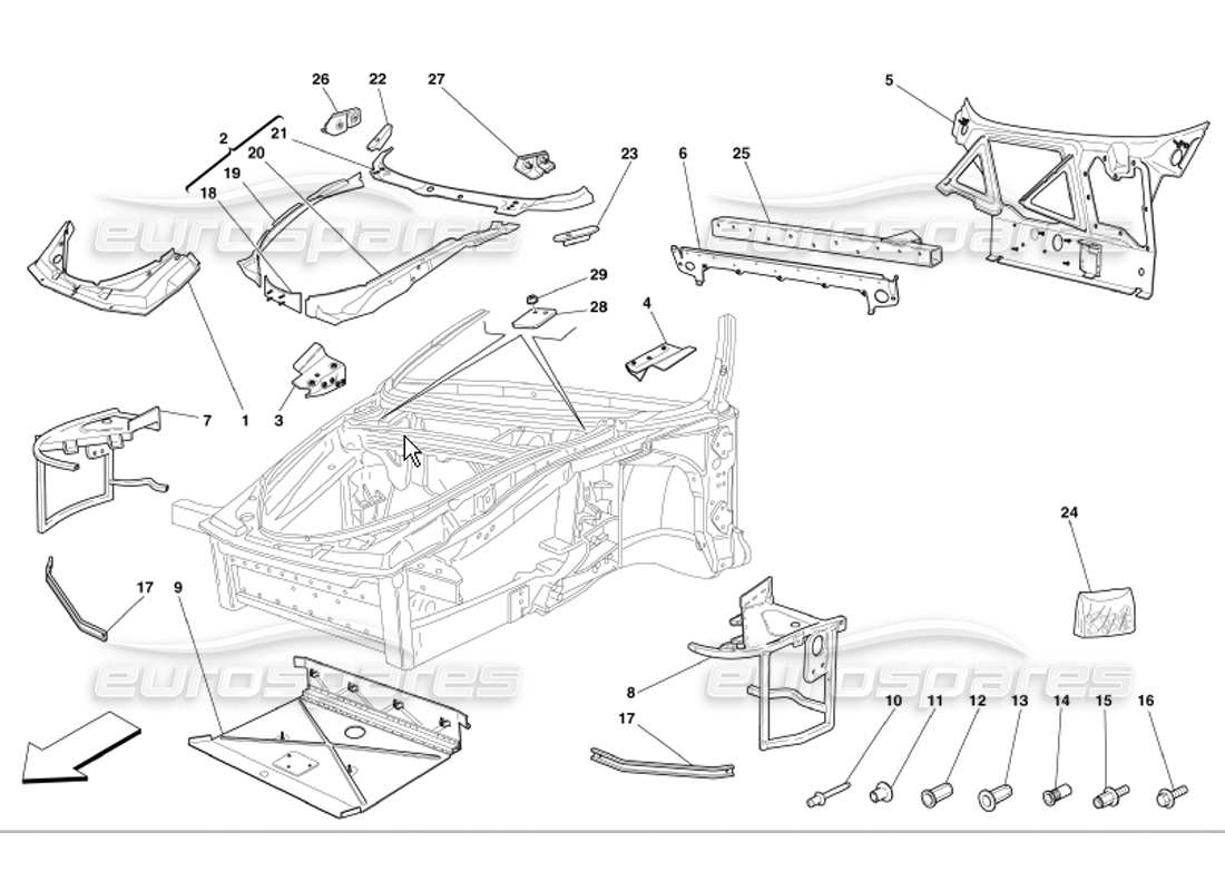 Ferrari 360 Modena Frame Complete Front Part Structures and Plates Parts Diagram