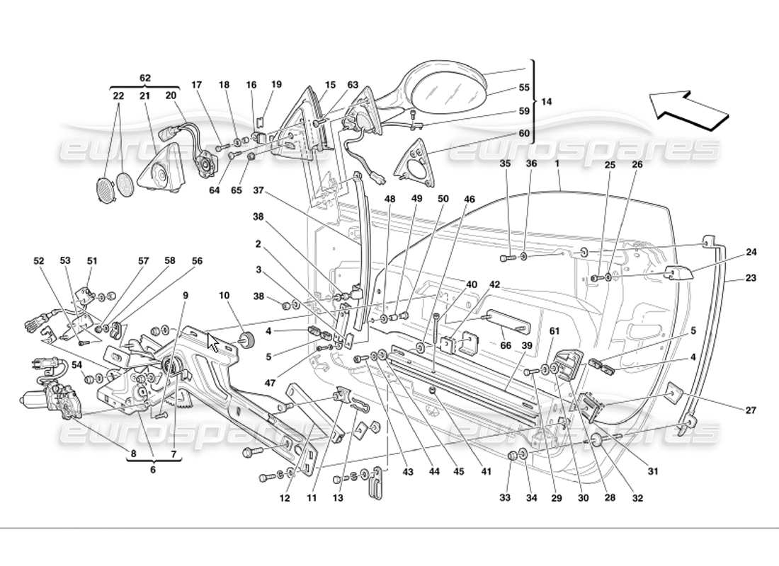 Ferrari 360 Modena Doors Power Window and Rearview Mirror Parts Diagram