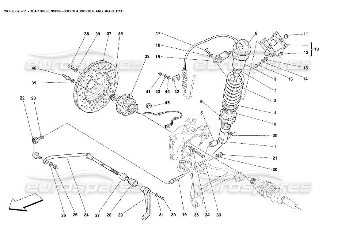 Ferrari 360 Spider Rear Suspension - Shock Absorber and Brake Disc Parts Diagram