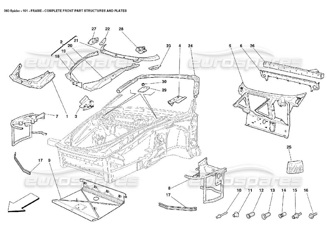 Ferrari 360 Spider Frame - Complete Front Part Structures and Plates Parts Diagram