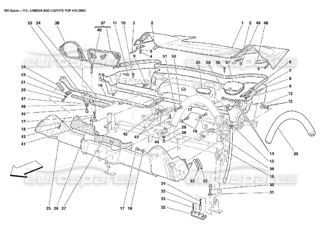 Ferrari 360 Spider Linings and Capote Top Housing Parts Diagram