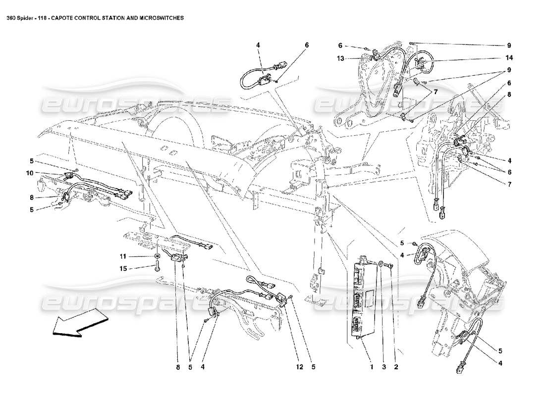 Ferrari 360 Spider Capote Control Station and Microswitches Part Diagram