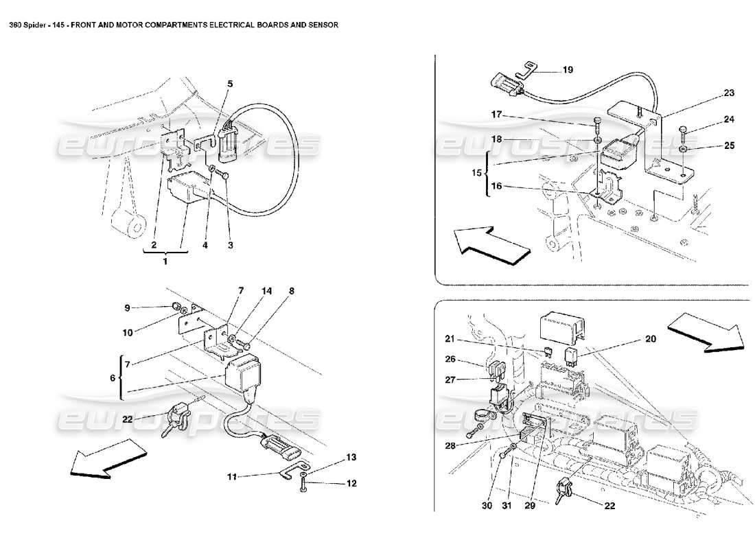 Ferrari 360 Spider Front and Motor Compartments Electrical Boards and Sensor Part Diagram