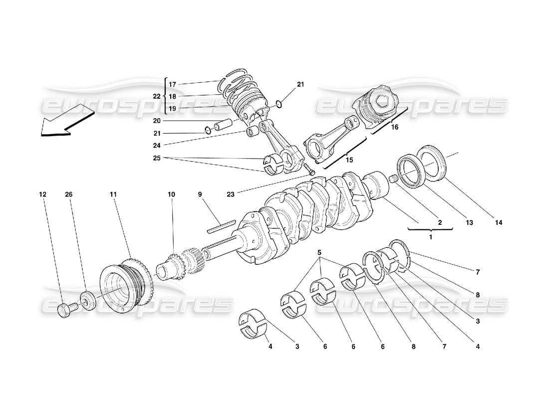 Ferrari 355 (5.2 Motronic) crankshaft, conrods and pistons Parts Diagram