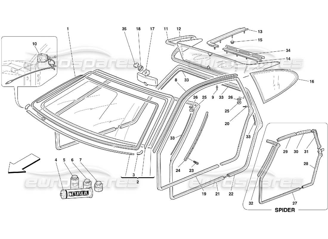 Ferrari 355 (5.2 Motronic) Glasses and Gaskets Parts Diagram