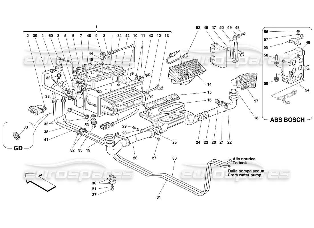 Ferrari 355 (5.2 Motronic) Evaporator Unit and Passengers Compartment Aeration Part Diagram