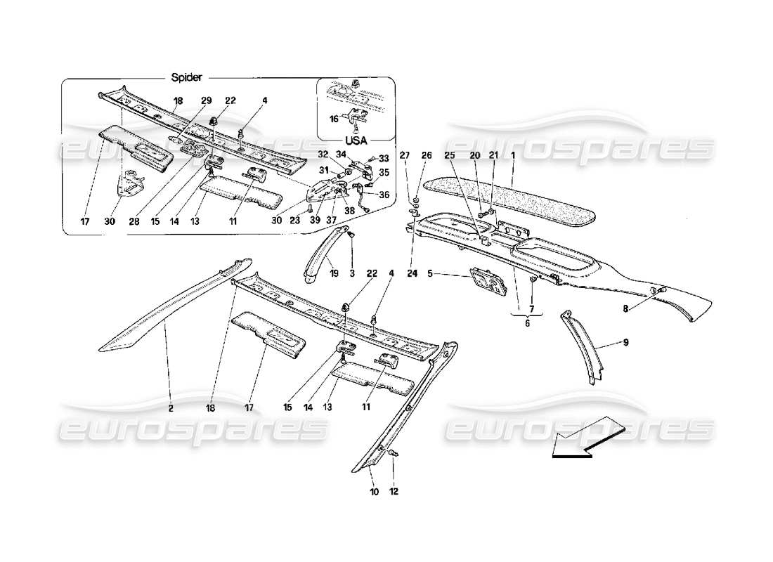 Ferrari 348 (2.7 Motronic) Roof Trims Part Diagram