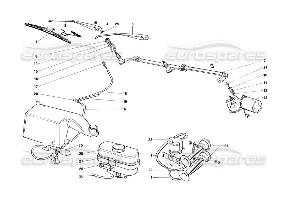 Ferrari 328 (1985) Windshield Wiper, Washer and Horn Parts Diagram