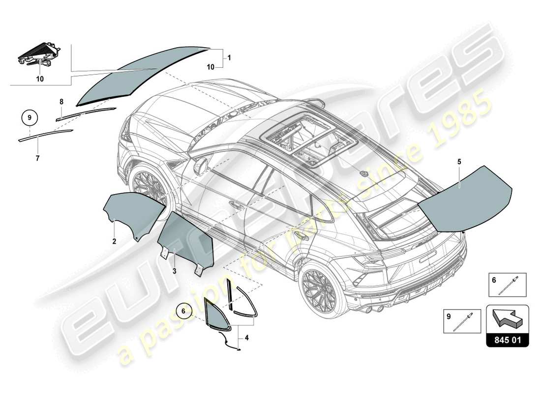 Lamborghini Urus (2022) WINDOW GLASSES Parts Diagram