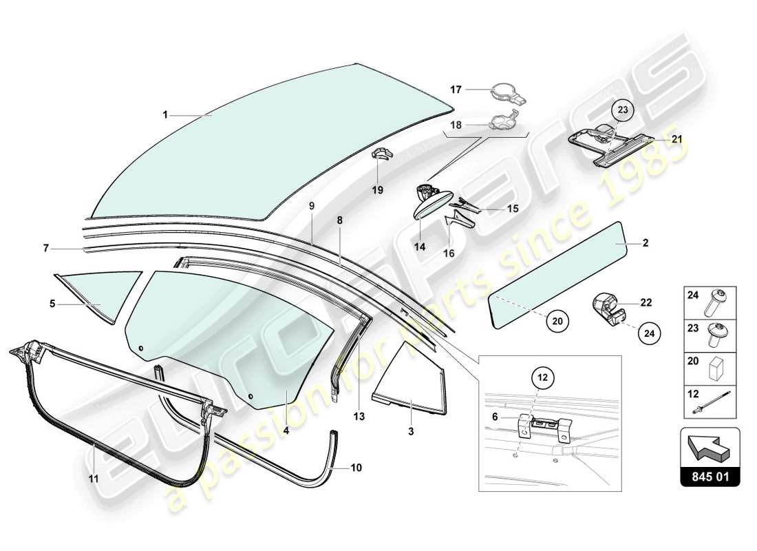 Lamborghini Sian Roadster (2021) WINDOW GLASSES Part Diagram