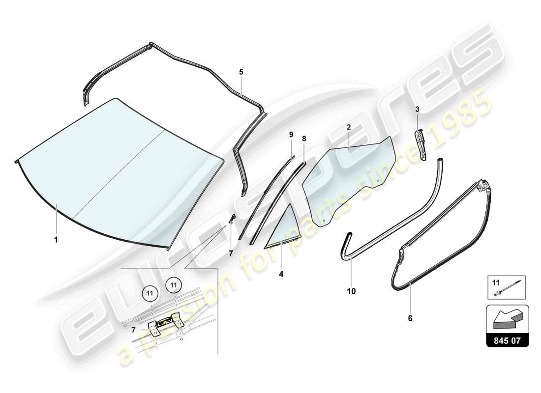 Lamborghini Sian Roadster (2021) WINDOW GLASSES Part Diagram