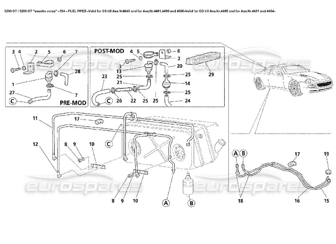 Maserati 3200 GT/GTA/Assetto Corsa Fuel Pipes -Valid for GS Till Ass.Nr4445 and for Ass.Nr.4491,4499 and 4500-Valid for GD Till Ass.Nr.4468 and for 4451 and 4454- Parts Diagram