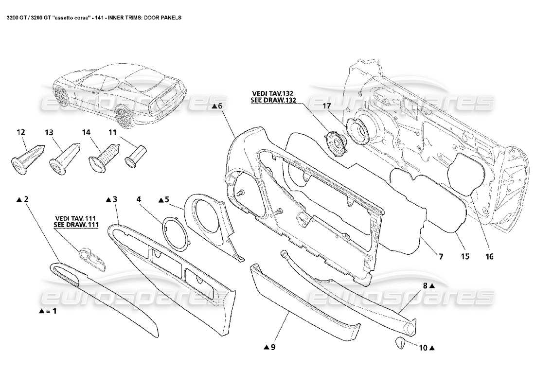 Maserati 3200 GT/GTA/Assetto Corsa Inner Trims: Door Panels Part Diagram