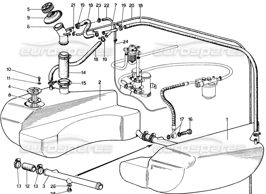 Ferrari 365 GTB4 Daytona (1969) Fuel Tanks & Piping Parts Diagram