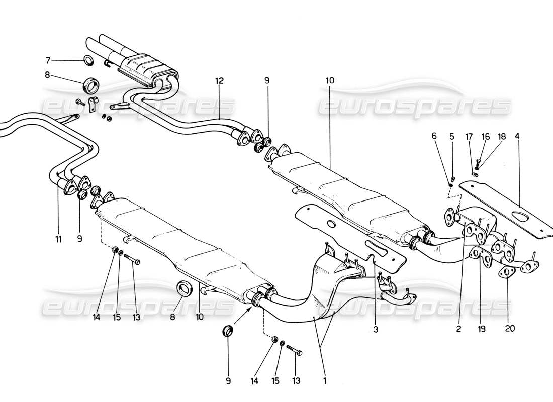 Ferrari 365 GTB4 Daytona (1969) Exhaust System (1972 Revision) Parts Diagram