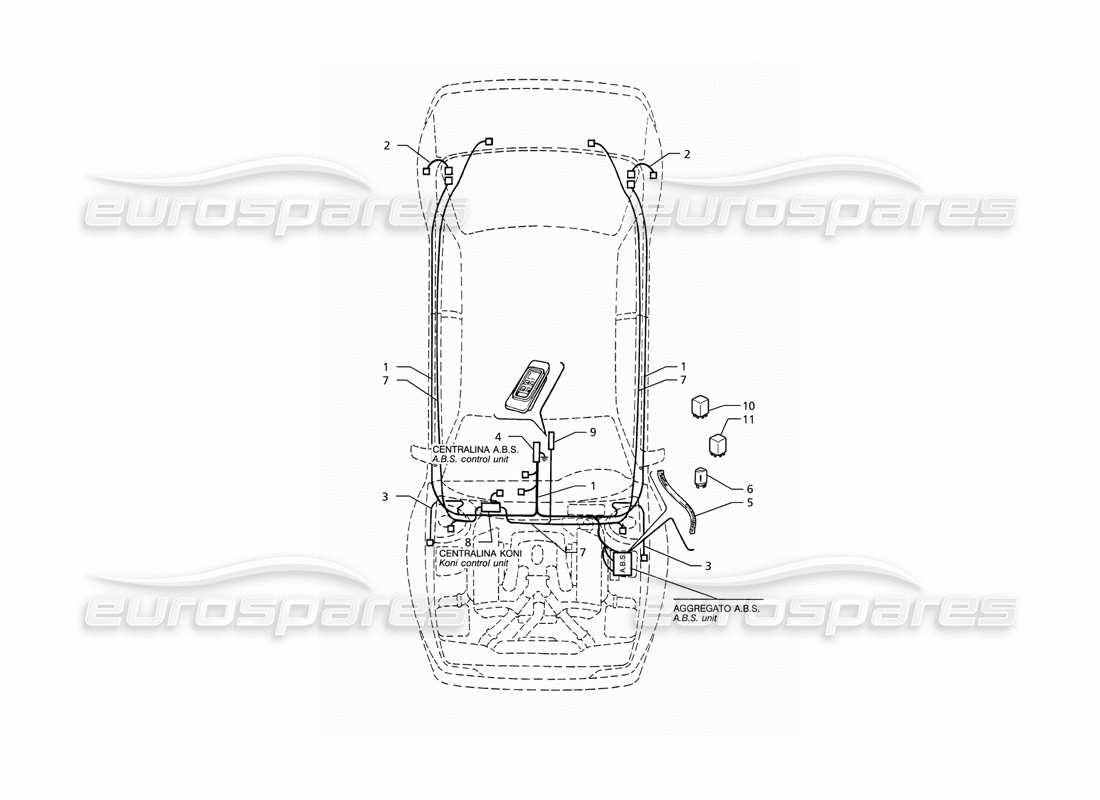 Maserati Ghibli 2.8 (ABS) Electrical System: A.B.S. and 'Koni' Suspension (LH Drive) Part Diagram