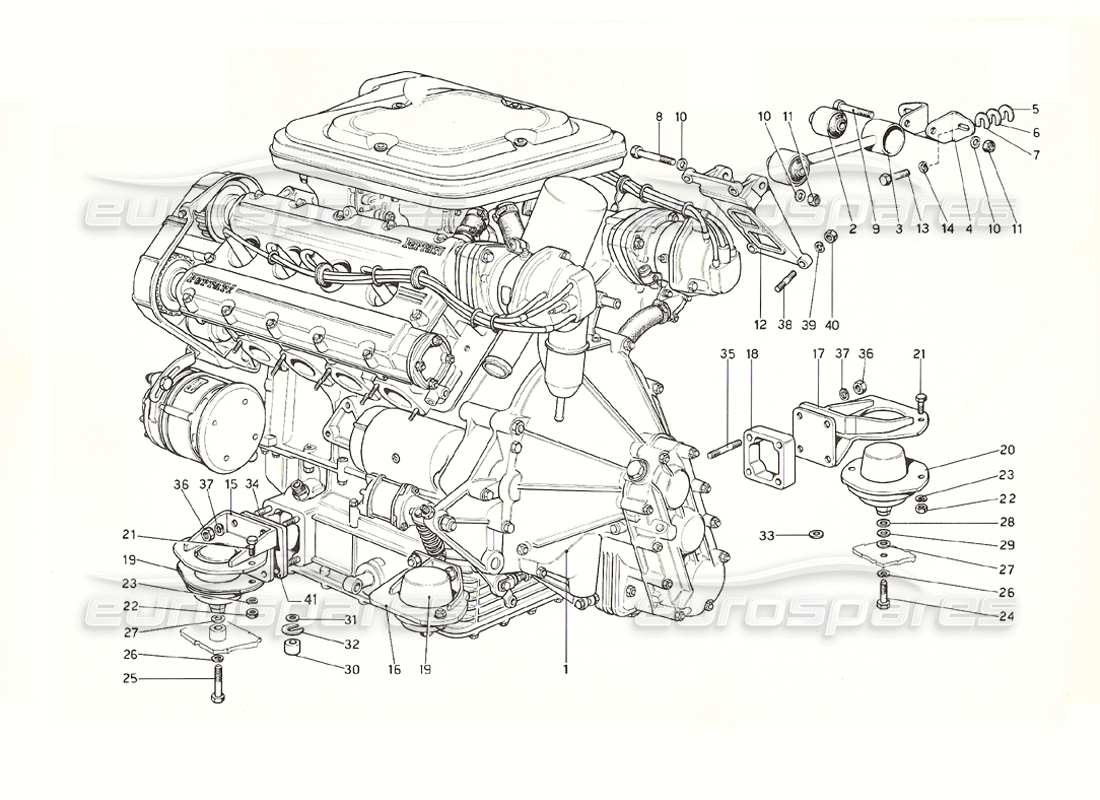 Ferrari 308 GT4 Dino (1976) engine - gearbox and supports Part Diagram