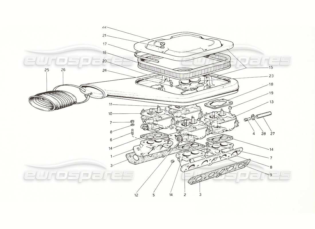 Ferrari 308 GT4 Dino (1976) carburettors and air cleaner Part Diagram