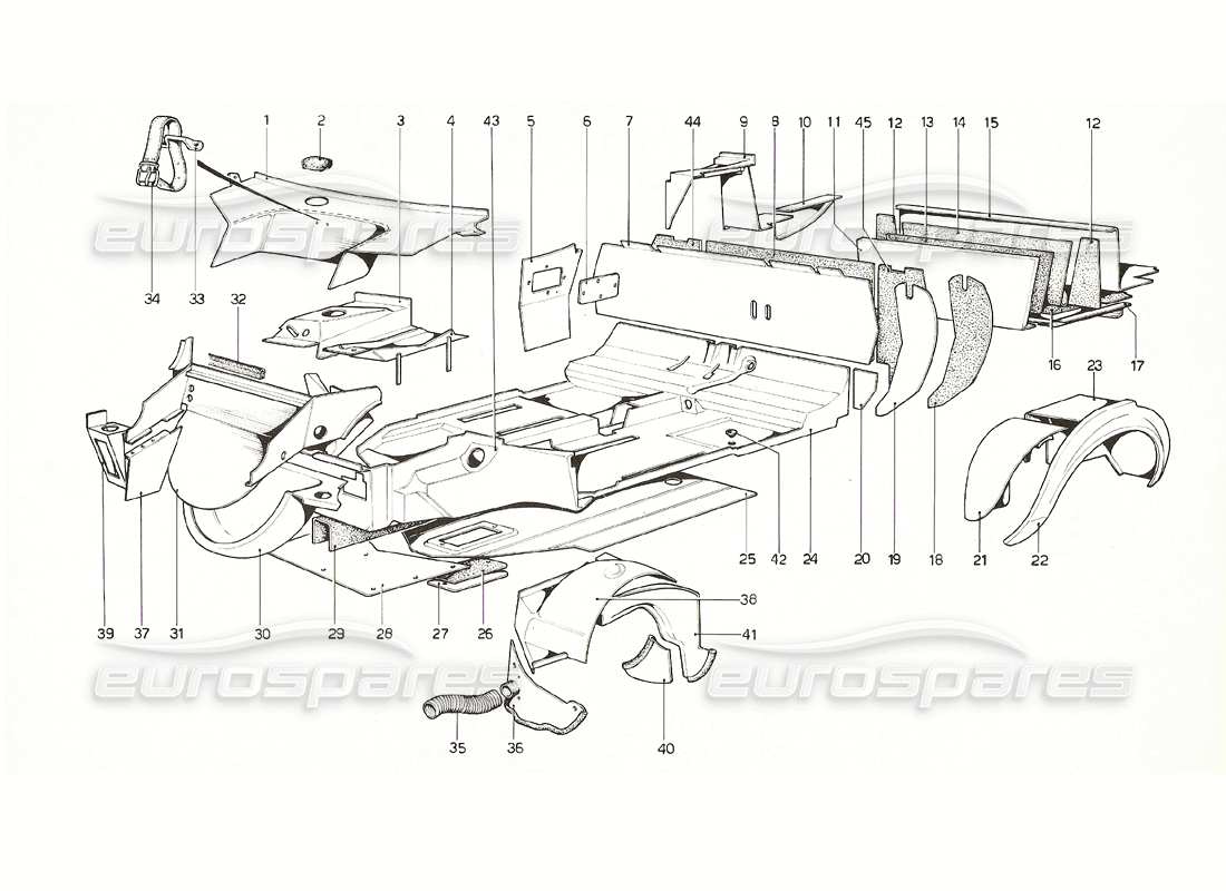 Ferrari 308 GT4 Dino (1976) Body Shell - Inner Elements Parts Diagram