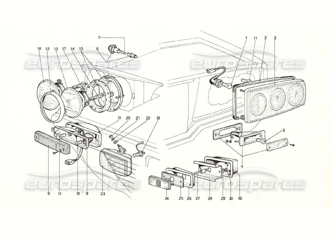 Ferrari 308 GT4 Dino (1976) Lights Part Diagram