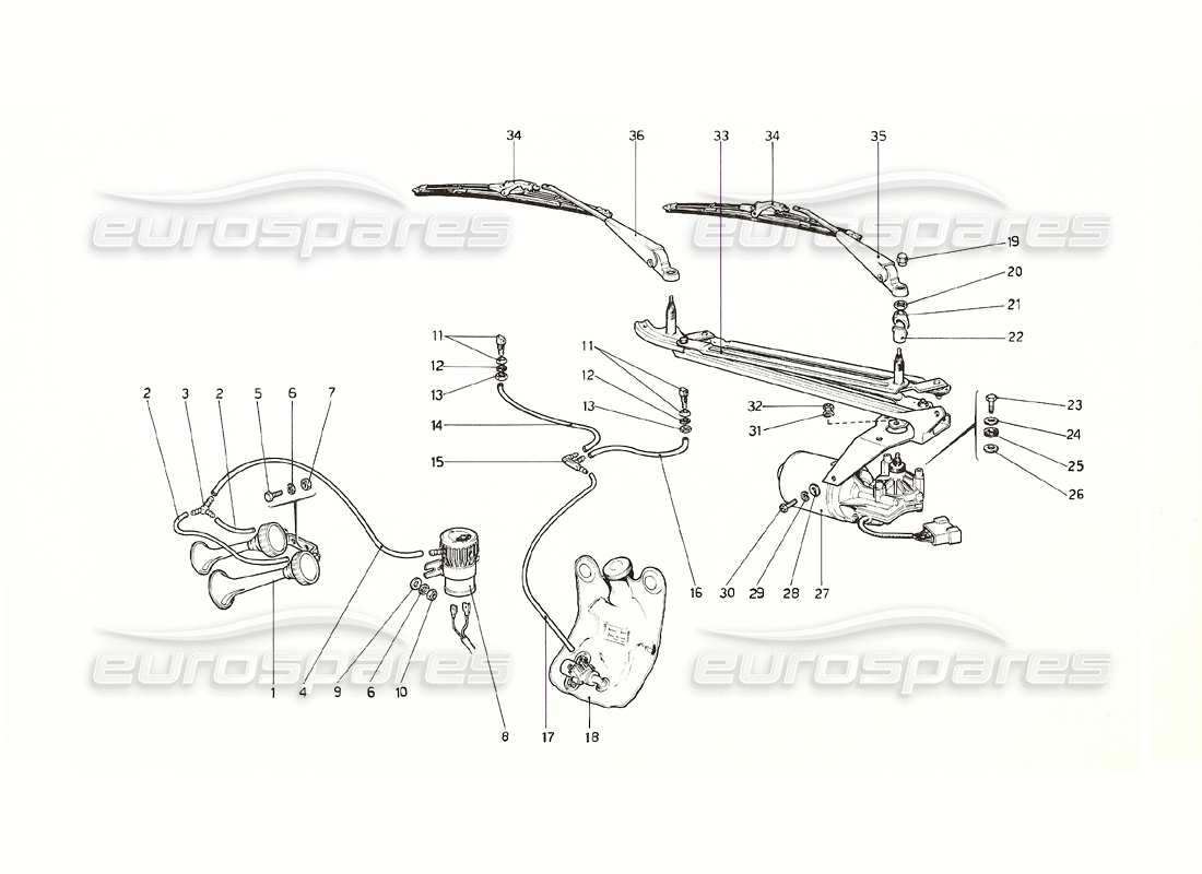 Ferrari 308 GT4 Dino (1976) Windshield Wiper, Washer and Horn Parts Diagram