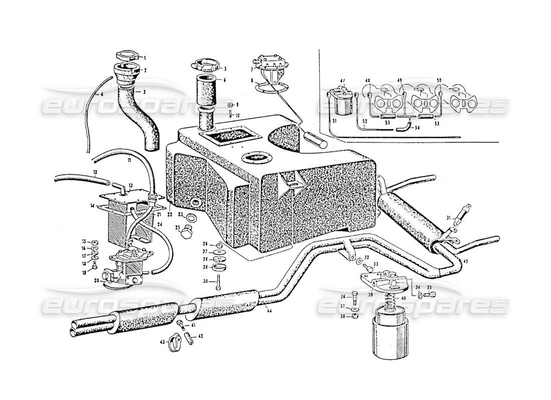 Maserati 3500 GT Exhaust Manifold and Fuel Tent Parts Diagram