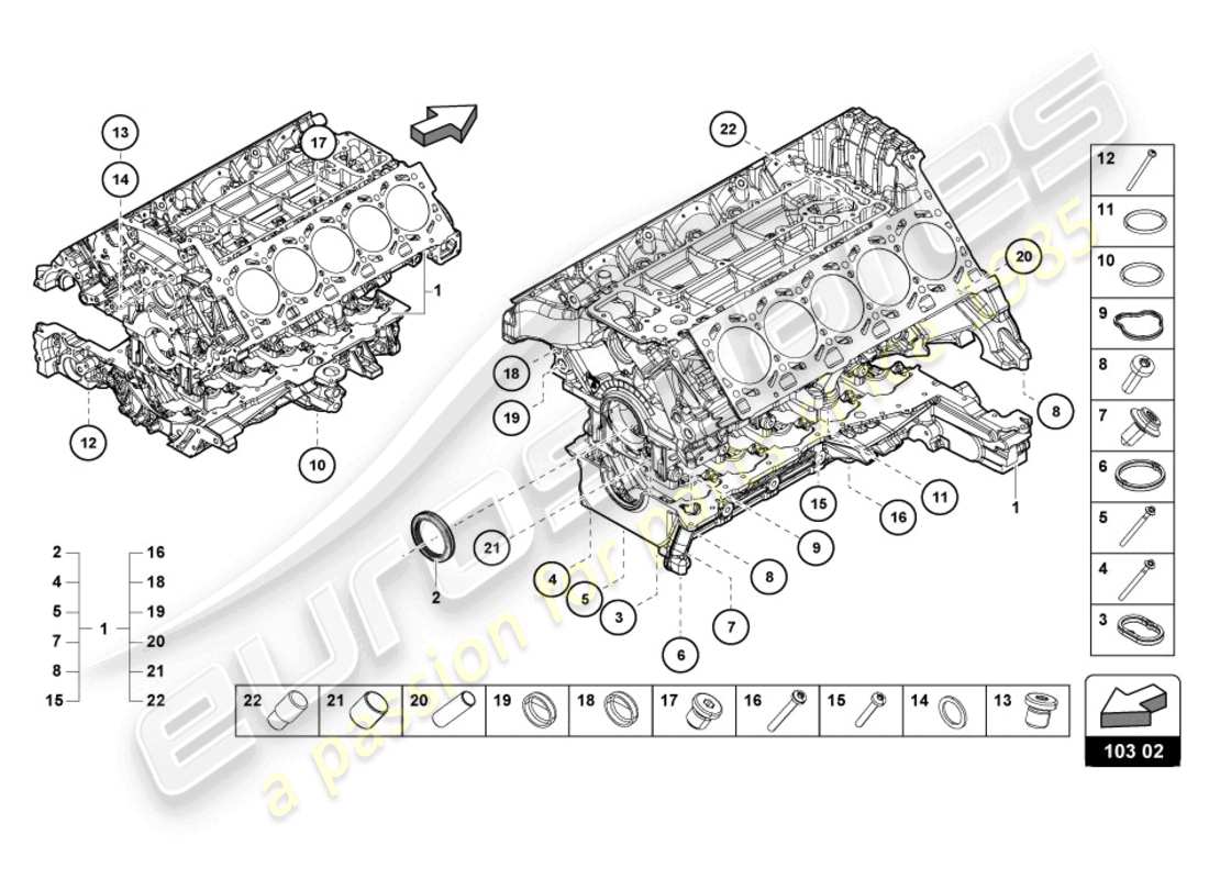 Lamborghini Evo Coupe 2WD (2023) engine block Part Diagram