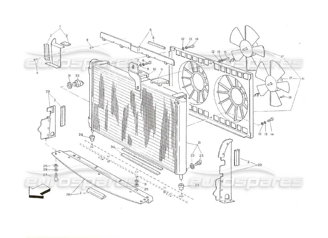 Maserati Shamal radiator and cooling fans Part Diagram