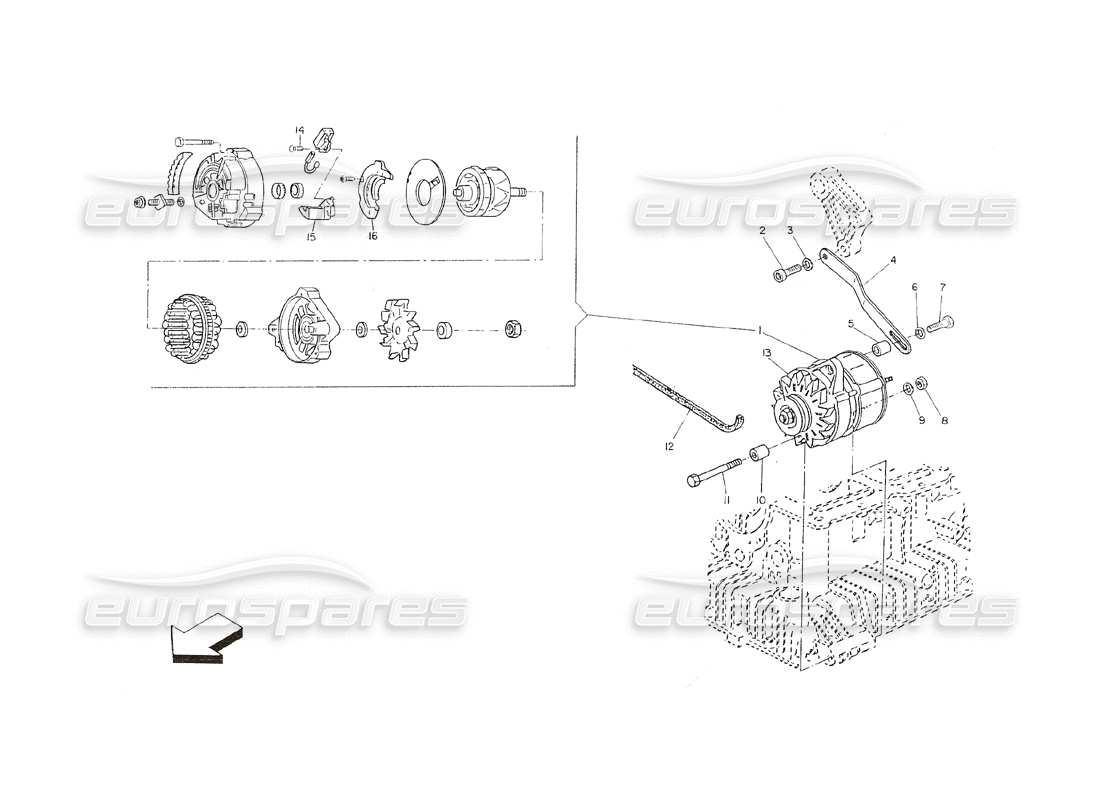 Maserati Shamal Alternator and Support Part Diagram