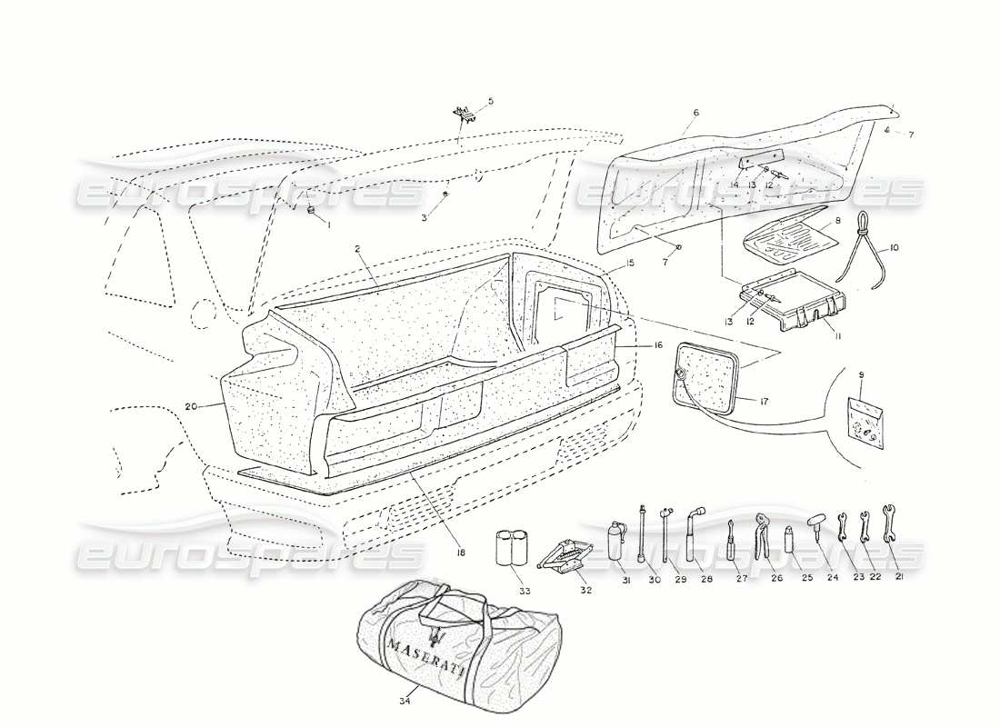 Maserati Shamal Trunk Lid - Escutcheons, Trimming, Tools Part Diagram