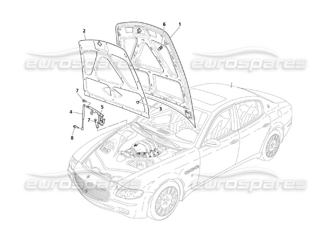 Maserati QTP. (2003) 4.2 Front Hood Part Diagram