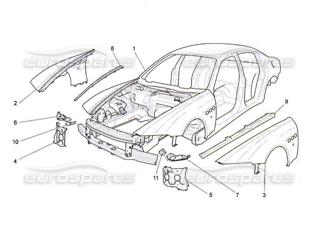 Maserati QTP. (2010) 4.2 BODYWORK AND FRONT OUTER TRIM PANELS Parts Diagram