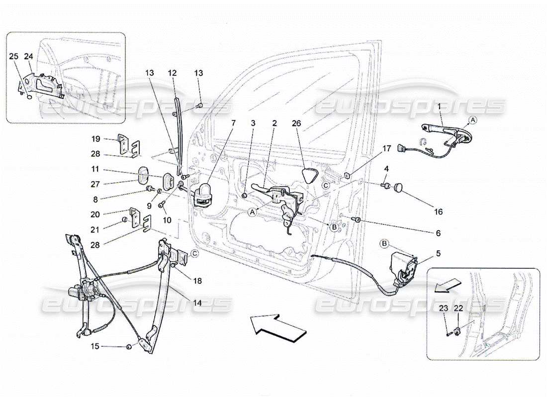 Maserati QTP. (2010) 4.2 front doors: mechanisms Parts Diagram