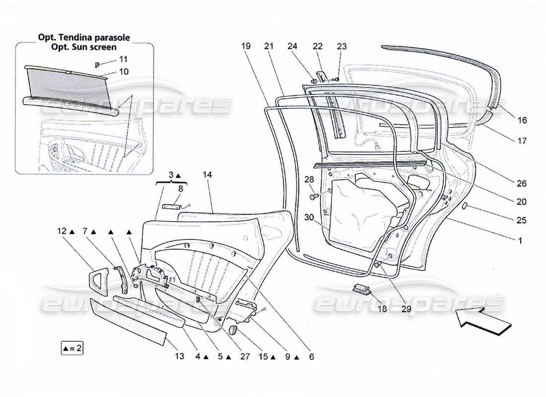 Maserati QTP. (2010) 4.2 rear doors: trim panels Parts Diagram