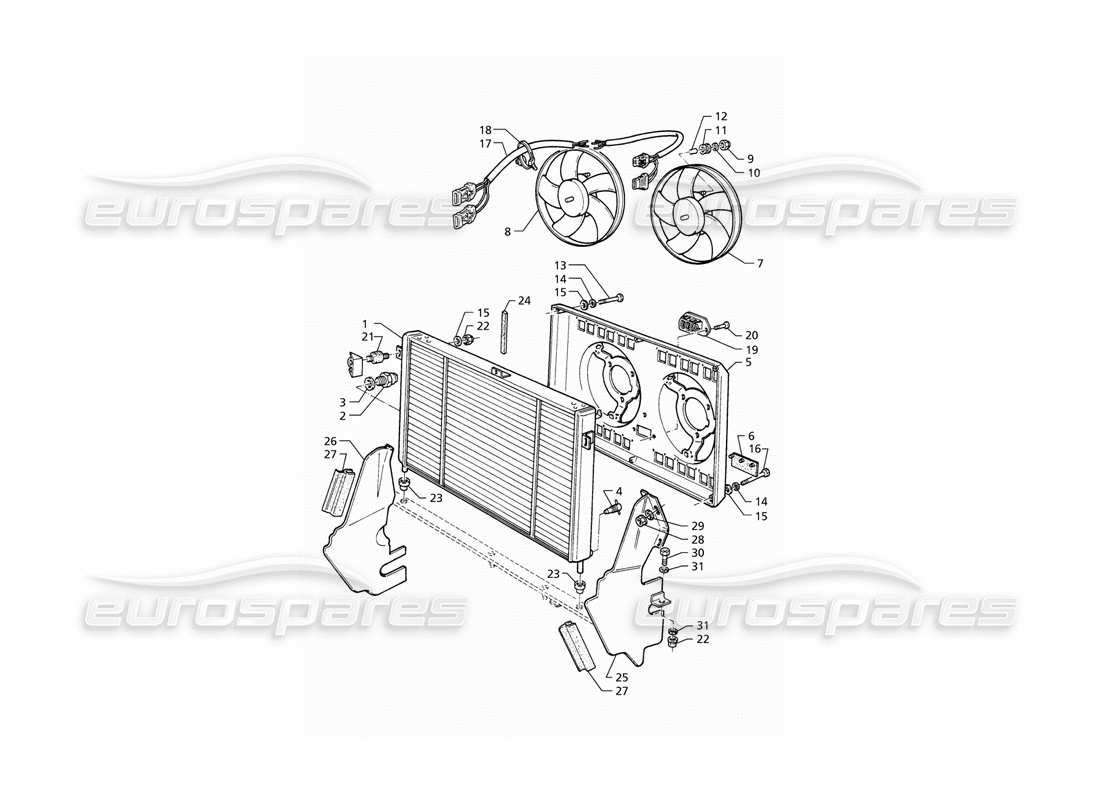 Maserati QTP V8 (1998) radiator and cooling fans Part Diagram