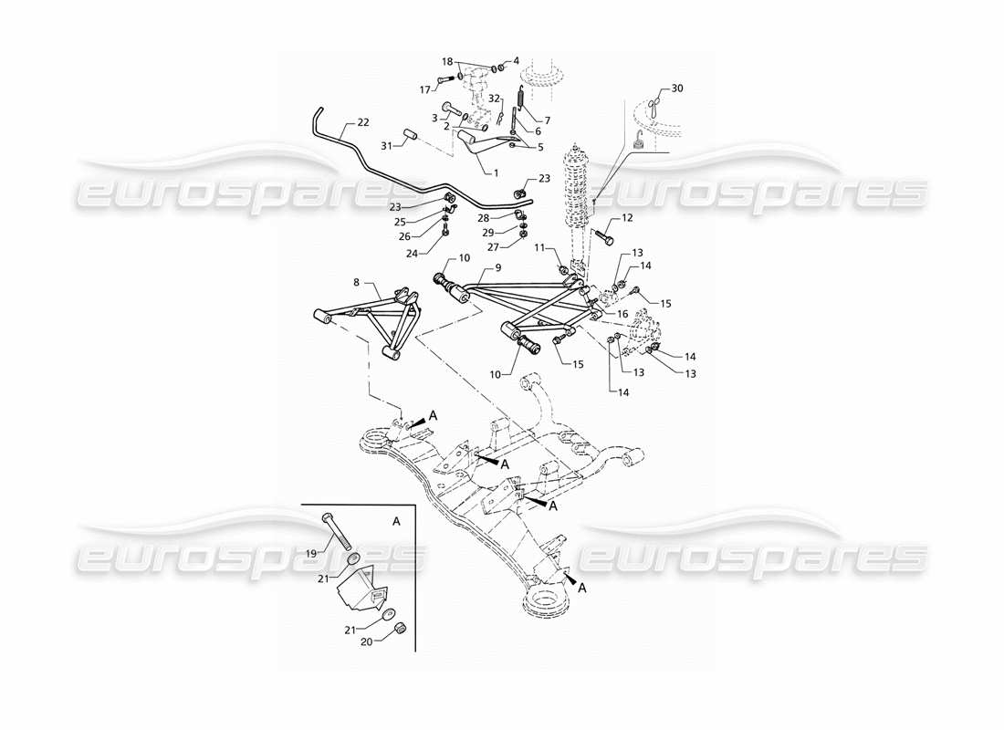 Maserati QTP V8 (1998) (Pre-Mod) Rear Suspension With Anti-Roll Bar Parts Diagram