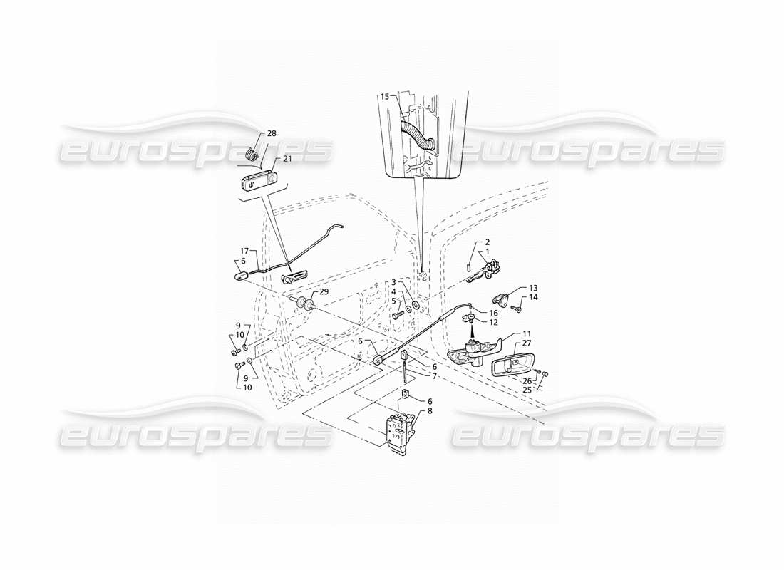 Maserati QTP V8 (1998) Front Doors: Hinges and Inner Controls Part Diagram