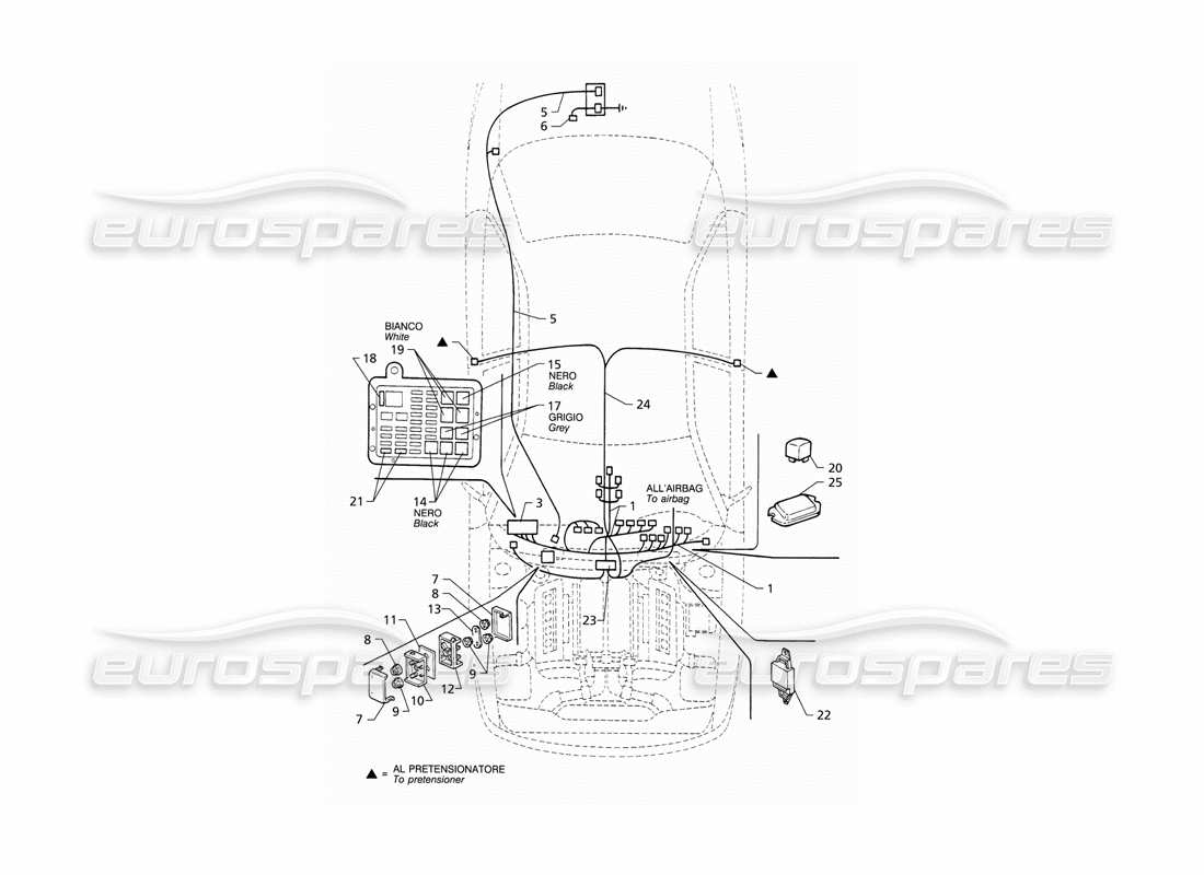Maserati QTP V8 (1998) Electrical System: Dashboard and Battery (LHD) Part Diagram