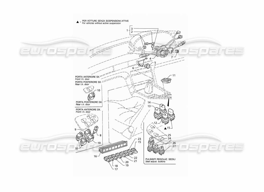 Maserati QTP V8 (1998) Switches and Steering Lock (RHD) Part Diagram