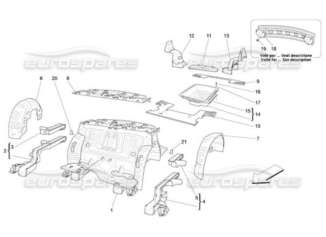 Maserati QTP. (2005) 4.2 rear structural frames and sheet panels Parts Diagram