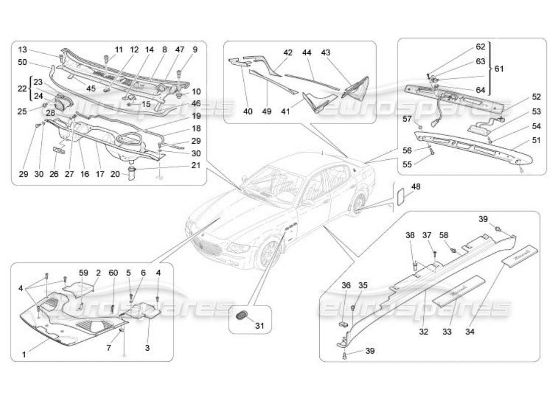 Maserati QTP. (2005) 4.2 shields, trims and covering panels Part Diagram