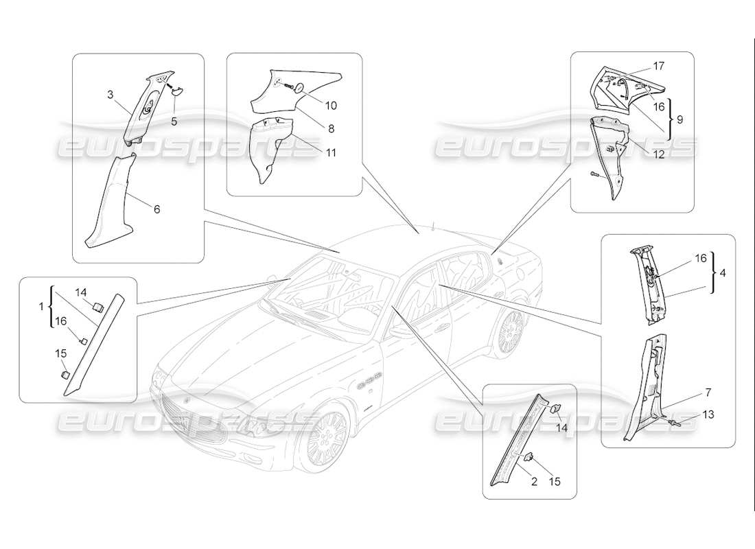 Maserati QTP. (2006) 4.2 F1 PASSENGER COMPARTMENT B PILLAR TRIM PANELS AND SIDE PANELS Parts Diagram