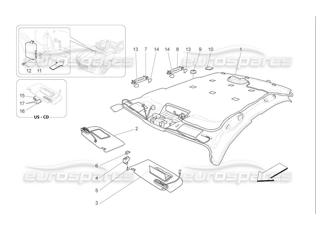 Maserati QTP. (2008) 4.2 auto ROOF AND SUN VISORS Part Diagram