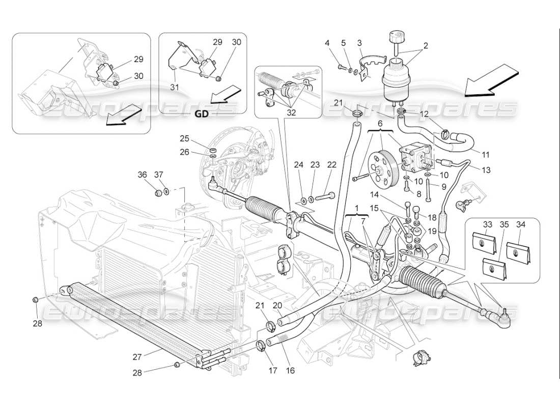 Maserati QTP. (2009) 4.7 auto Steering Box And Hydraulic Steering Pump Part Diagram