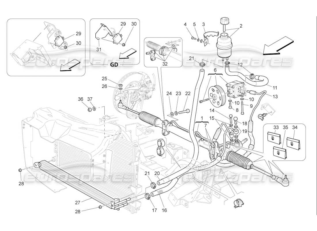 Maserati QTP. (2010) 4.7 auto Steering Box And Hydraulic Steering Pump Part Diagram