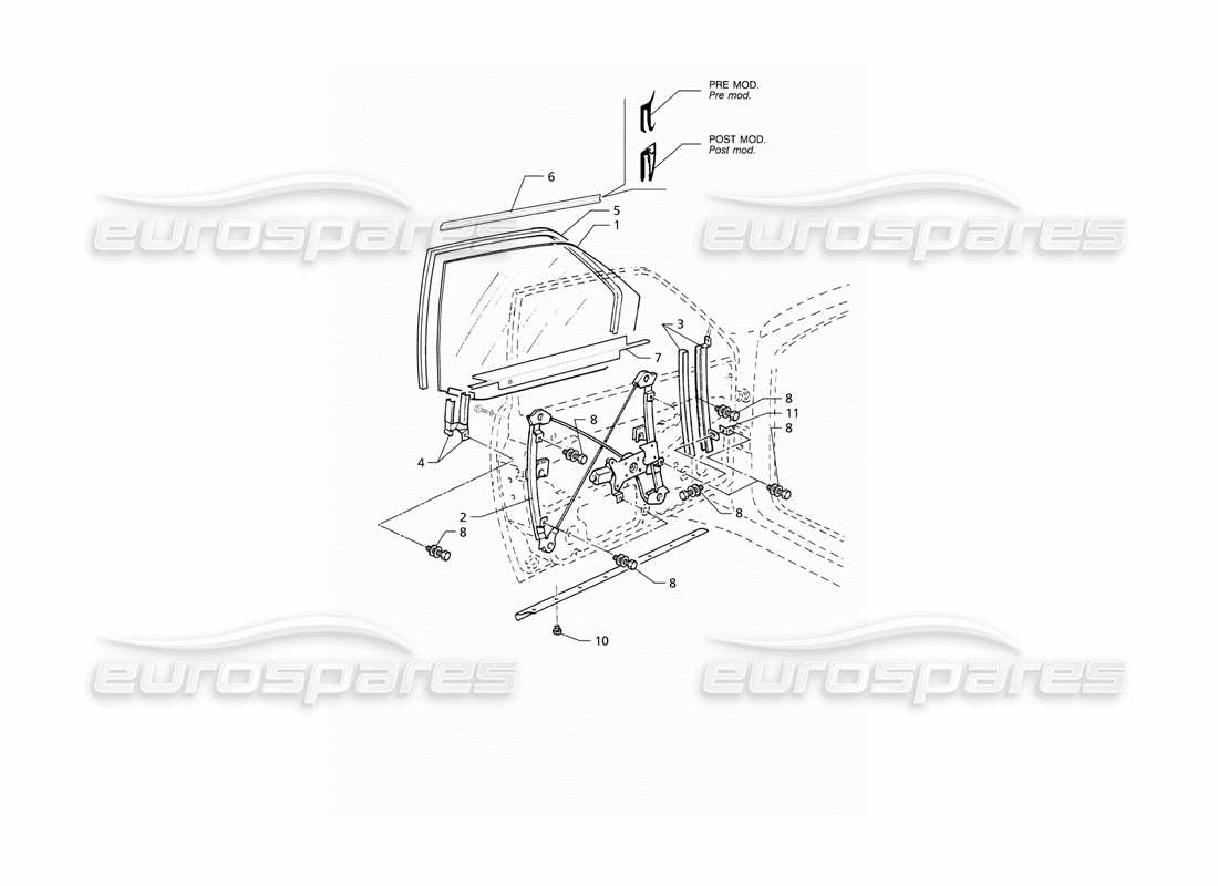 Maserati QTP V6 (1996) Front Doors: Windows and Regulators Parts Diagram