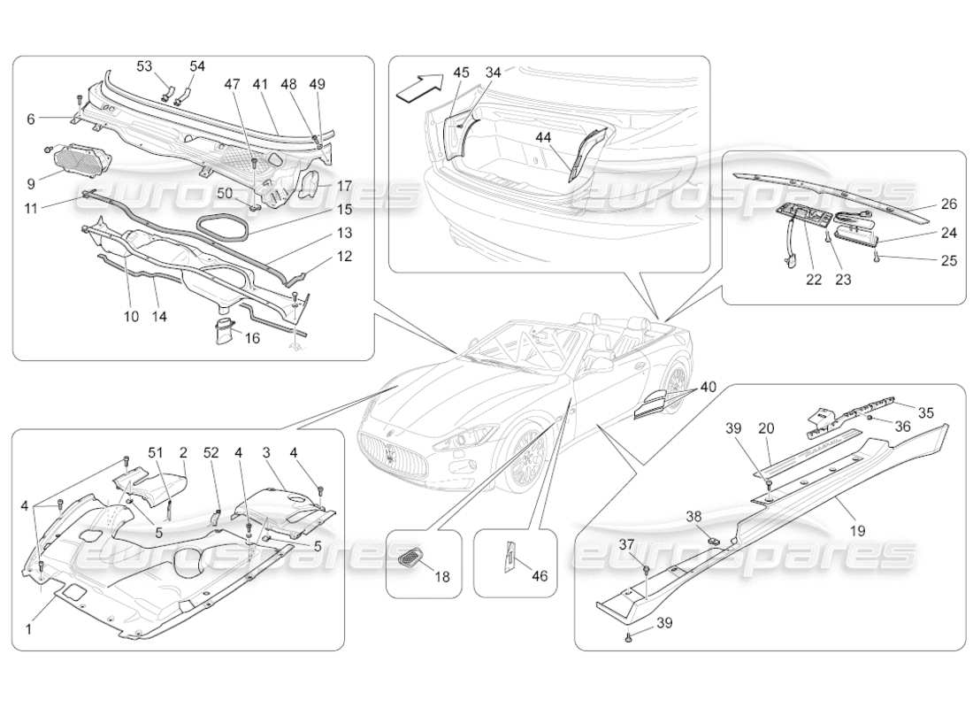 Maserati GranCabrio (2010) 4.7 shields, trims and covering panels Parts Diagram