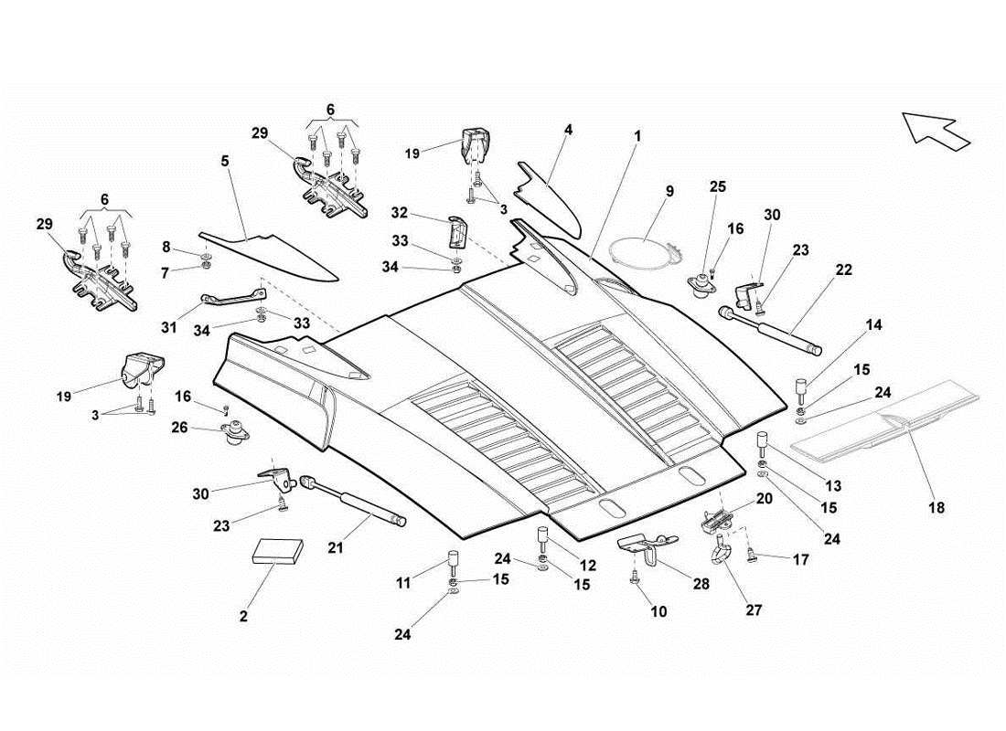 Lamborghini Gallardo LP560-4s update Rear Hood Part Diagram