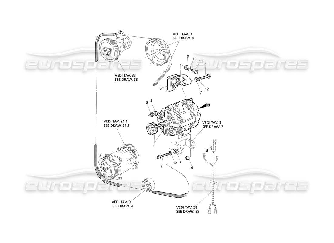 Maserati QTP V8 Evoluzione Alternator and Support Parts Diagram